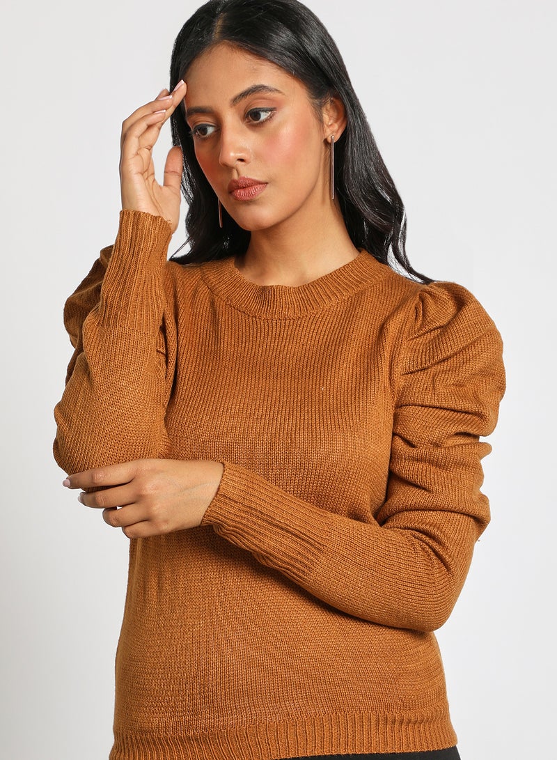 Aila Crew neck puff sleeve solid sweater Brown  - Image 4