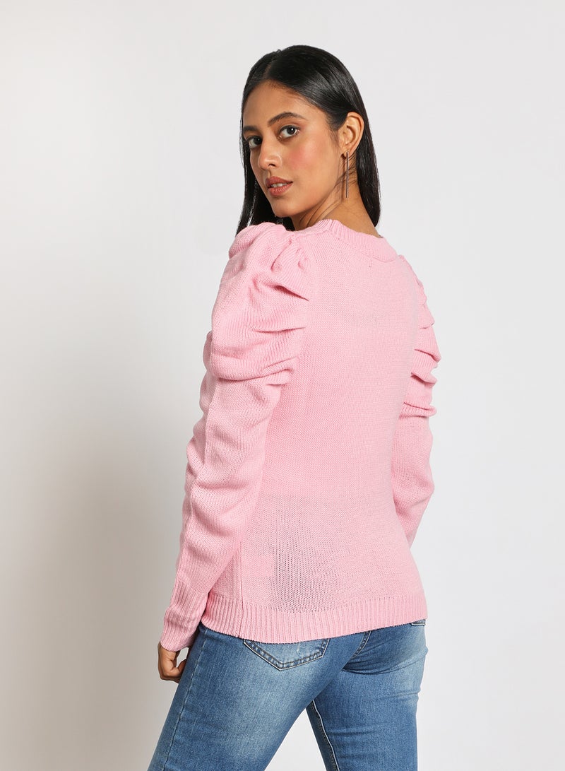 Aila Crew neck puff sleeve solid sweater Pink  - Image 2