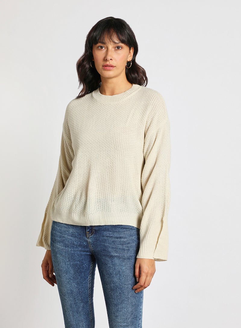 Aila Solid drop shoulder sleeve split sweater Off White  - Image 1