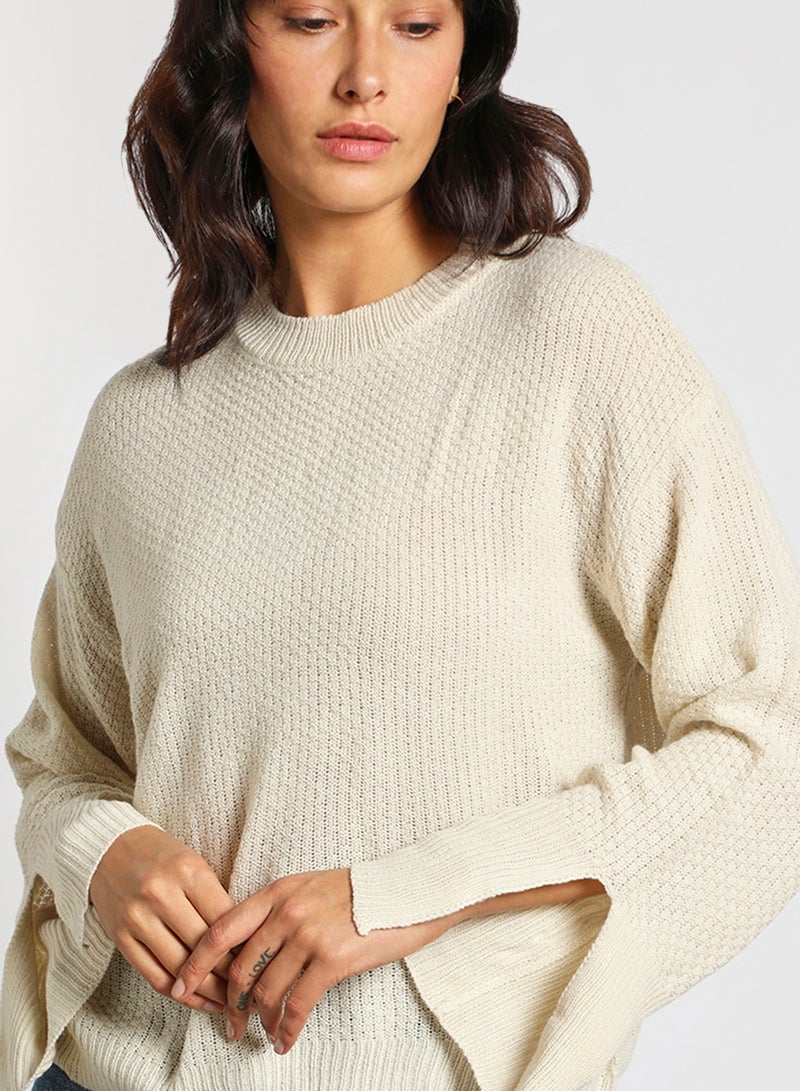 Aila Solid drop shoulder sleeve split sweater Off White  - Image 4