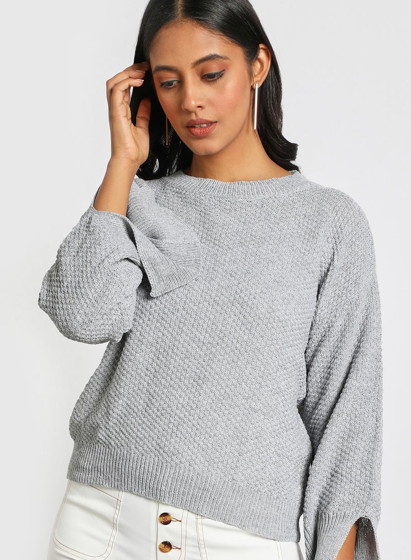 Aila - Solid drop shoulder sleeve split sweater Grey - Image 1