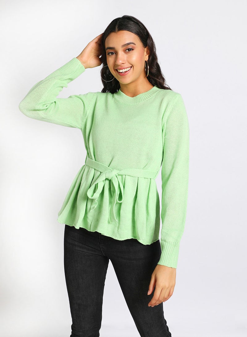 Aila Round neck self tie peplum sweater Mint Green  - Image 1