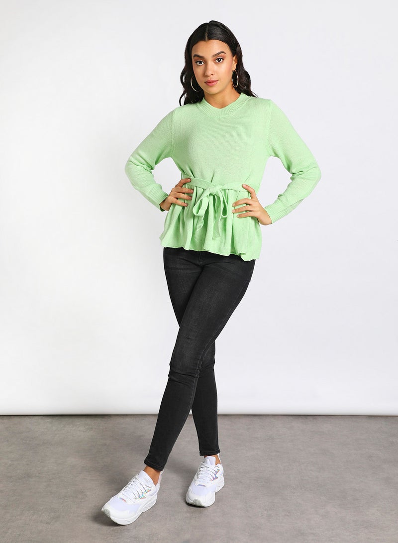 Aila Round neck self tie peplum sweater Mint Green  - Image 2