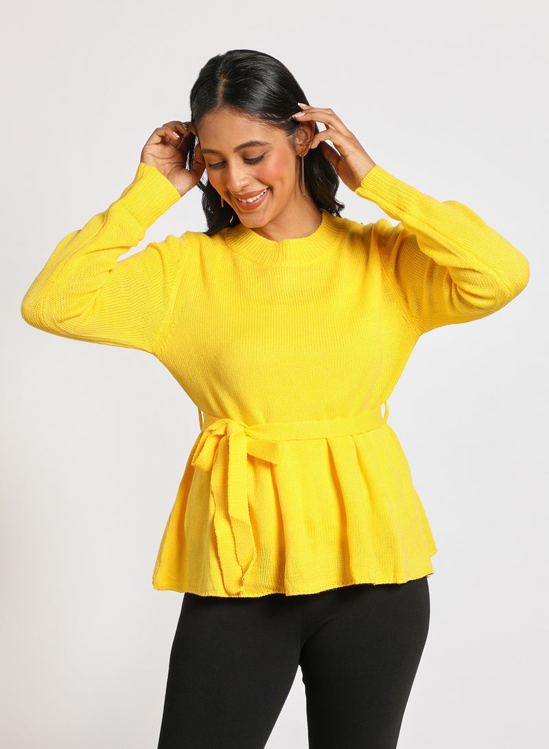 Aila Round neck self tie peplum sweater Yellow  - Image 1