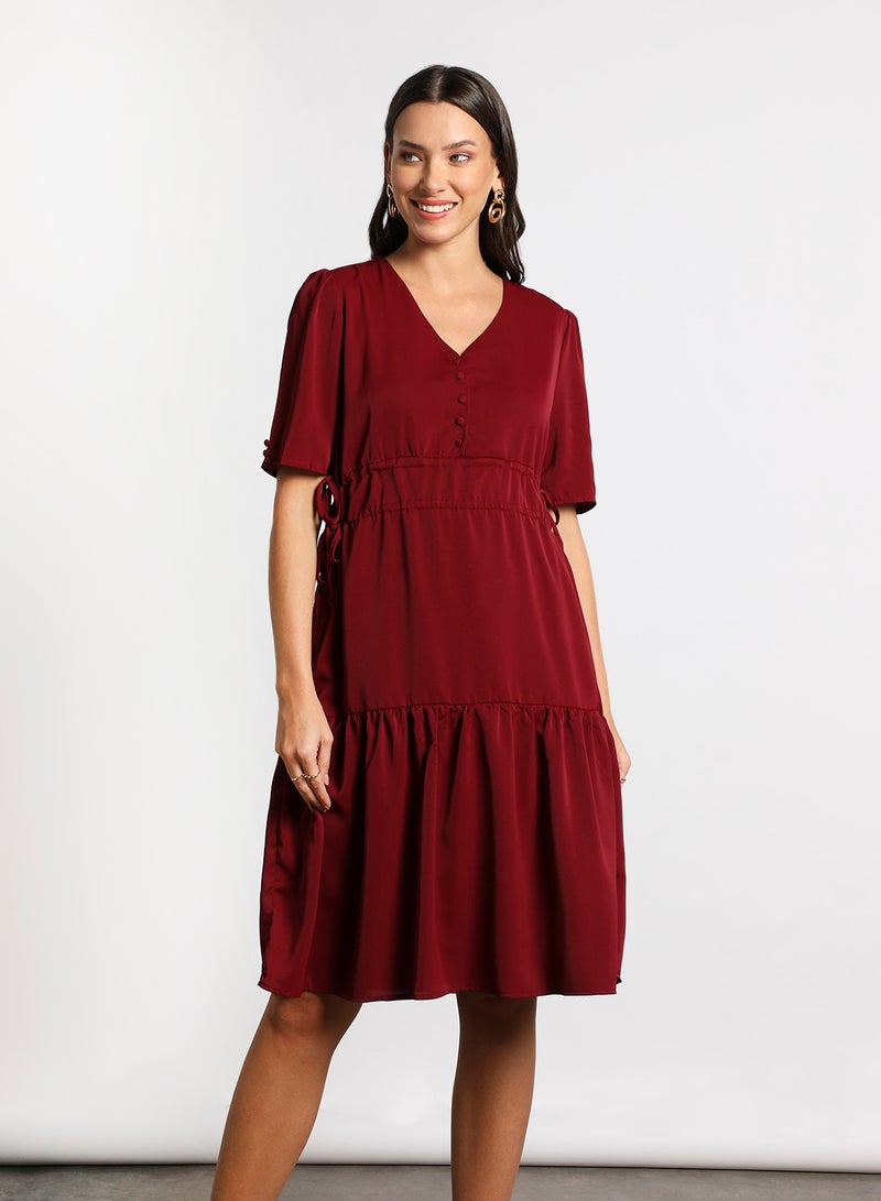 Aila - Women's Casual V-Neck Solid Design Short Sleeve Maxi Dress 4-Bugundy - Image 1