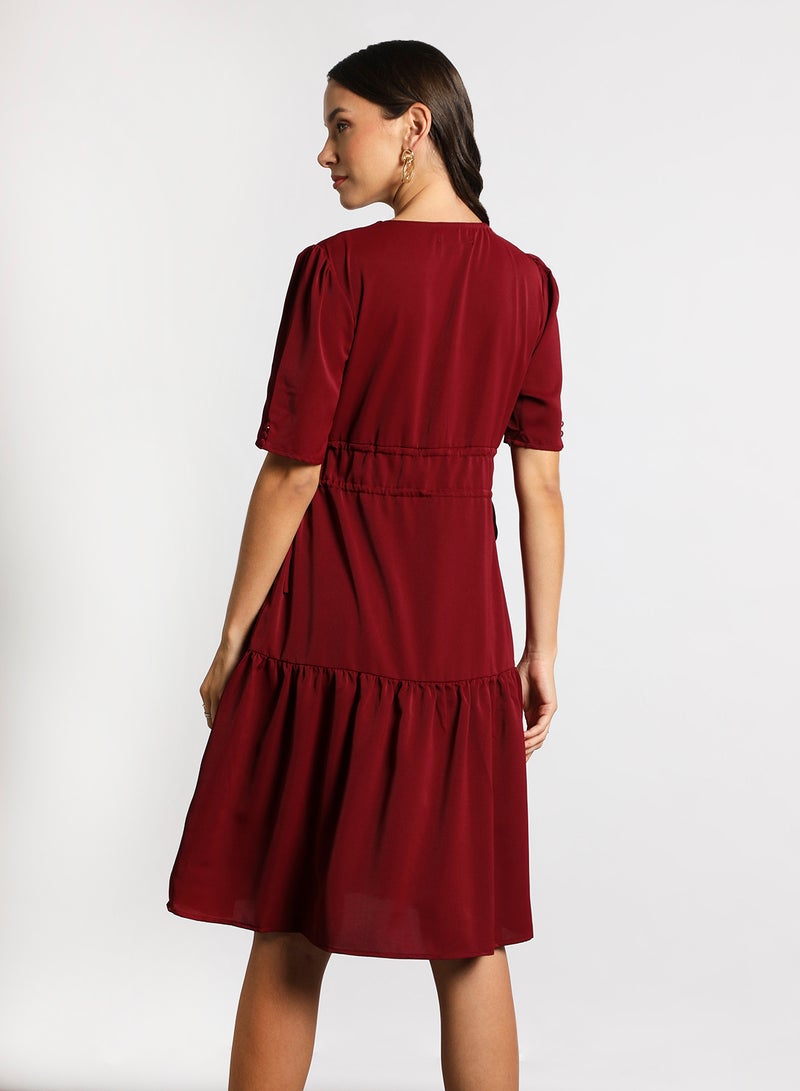 Aila - Women's Casual V-Neck Solid Design Short Sleeve Maxi Dress 4-Bugundy - Image 1