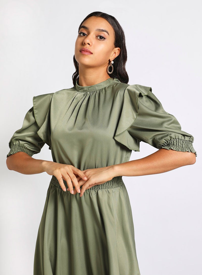 Aila - Women's Casual Solid Design Half Sleeve Maxi Dress 2-Olive - Image 1