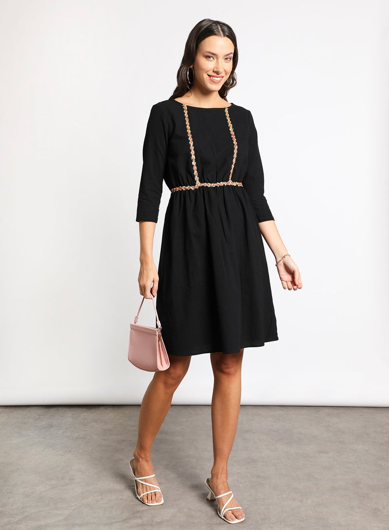 Aila - Women's Casual Round Neck Solid Design Long Sleeve Midi Dress 2-Black - Image 1