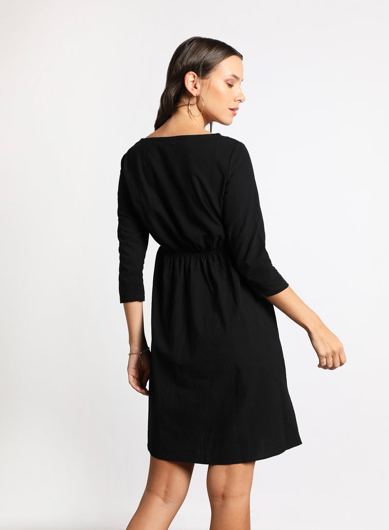 Aila - Women's Casual Round Neck Solid Design Long Sleeve Midi Dress 2-Black - Image 1