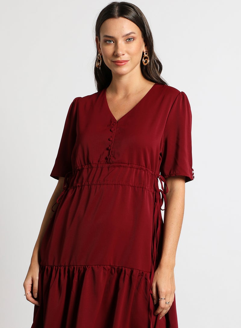 Aila - Women's Casual V-Neck Solid Design Short Sleeve Maxi Dress 4-Bugundy - Image 1