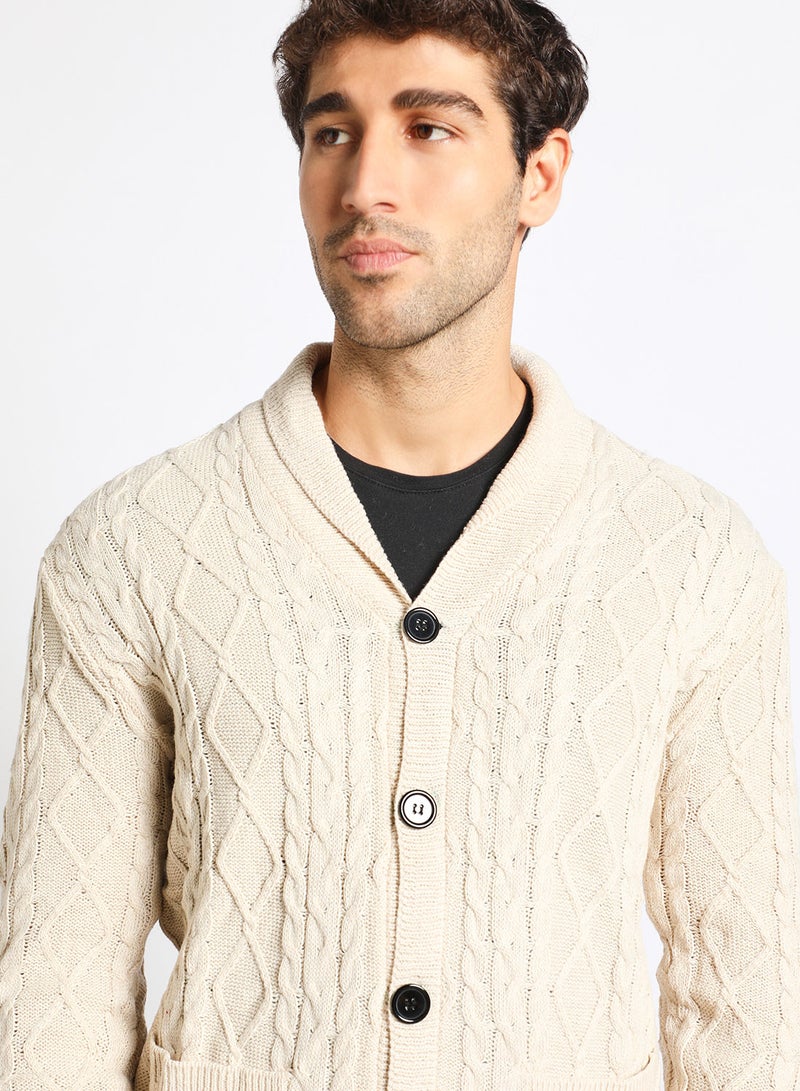Noon East - Men's Knitted Button Detailed Front Open Full Sleeves Collar Cardigans For Winters , Cable Design With 2 Front Pockets Beige - Image 1