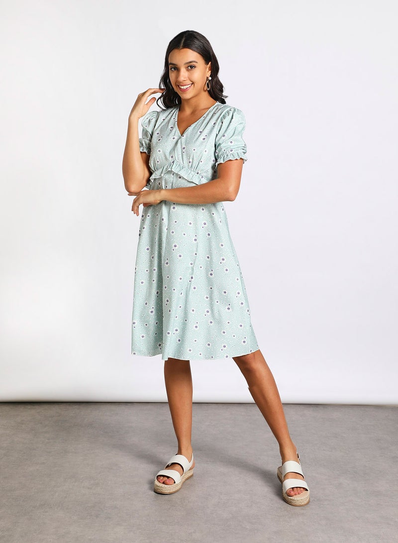 Aila Women's V-Neck Floral Print Short Sleeve Dress Green Floral Print  - Image 2