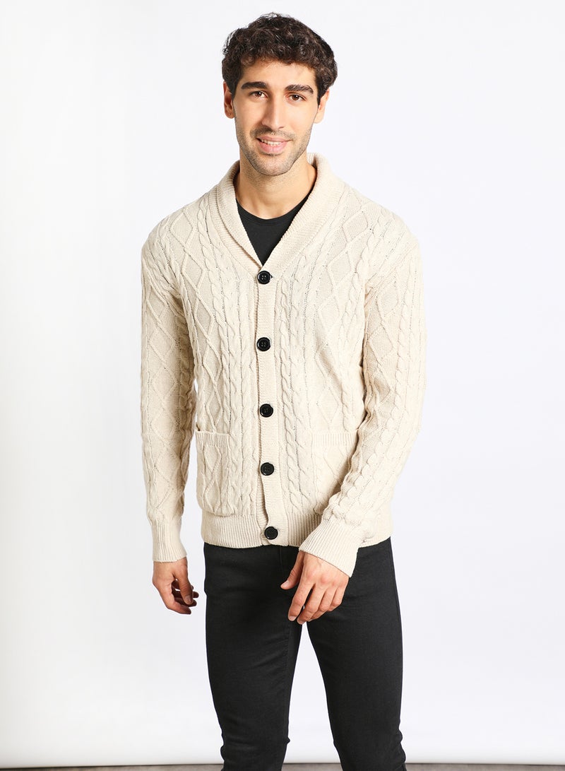 Noon East - Men's Knitted Button Detailed Front Open Full Sleeves Collar Cardigans For Winters , Cable Design With 2 Front Pockets Beige - Image 1
