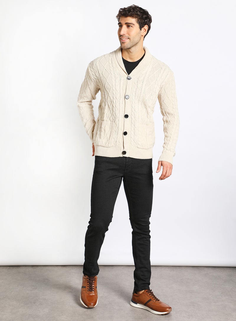Noon East - Men's Knitted Button Detailed Front Open Full Sleeves Collar Cardigans For Winters , Cable Design With 2 Front Pockets Beige - Image 1
