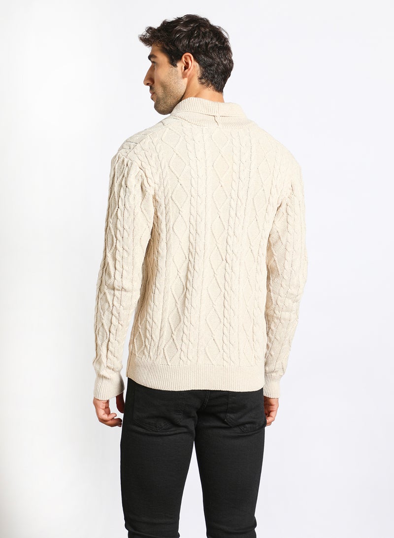 Noon East - Men's Knitted Button Detailed Front Open Full Sleeves Collar Cardigans For Winters , Cable Design With 2 Front Pockets Beige - Image 1