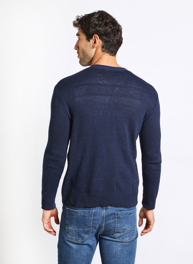Men's Solid Button Detailed Wide Collar Full Sleeves Cardigans For Winter With Two Pocket Dark Blue