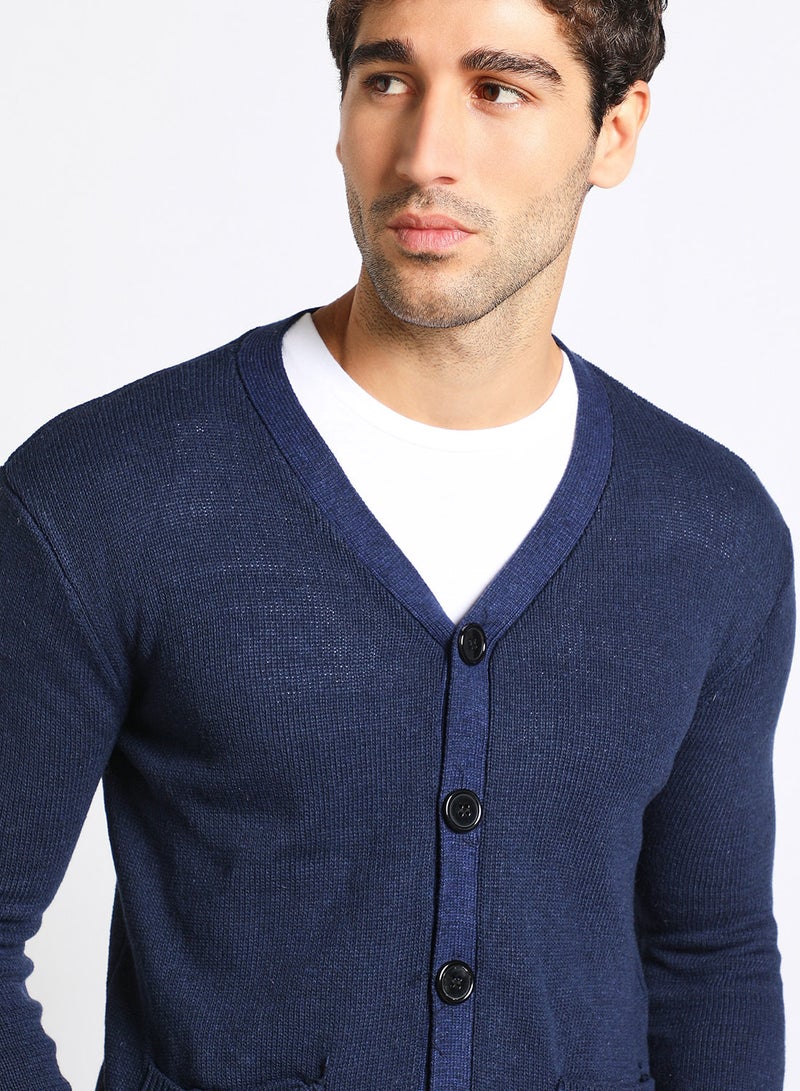 Men's Solid Button Detailed Wide Collar Full Sleeves Cardigans For Winter With Two Pocket Dark Blue