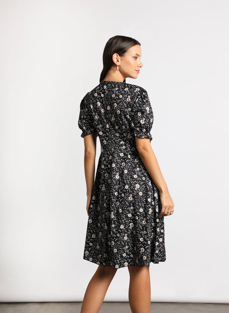 Aila - Women's Casual V-Neck Floral Print Short Sleeve Maxi Dress Black - Image 1