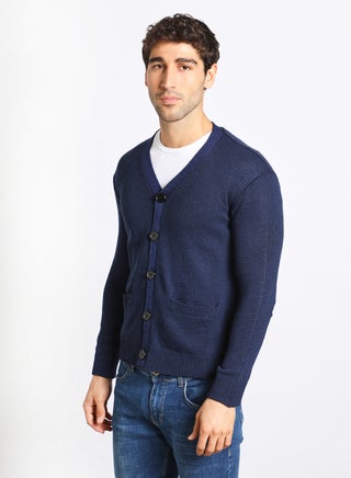 Men's Solid Button Detailed Wide Collar Full Sleeves Cardigans For Winter With Two Pocket Dark Blue - v1636606622/N49113698V_1
