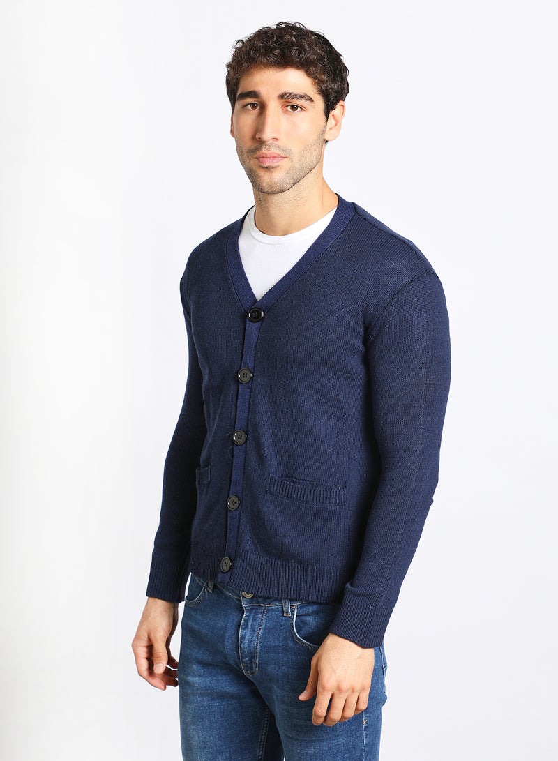 Men's Solid Button Detailed Wide Collar Full Sleeves Cardigans For Winter With Two Pocket Dark Blue