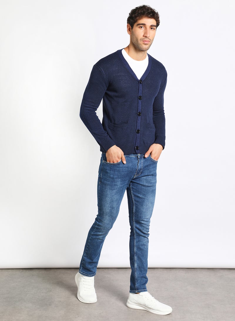 Men's Solid Button Detailed Wide Collar Full Sleeves Cardigans For Winter With Two Pocket Dark Blue