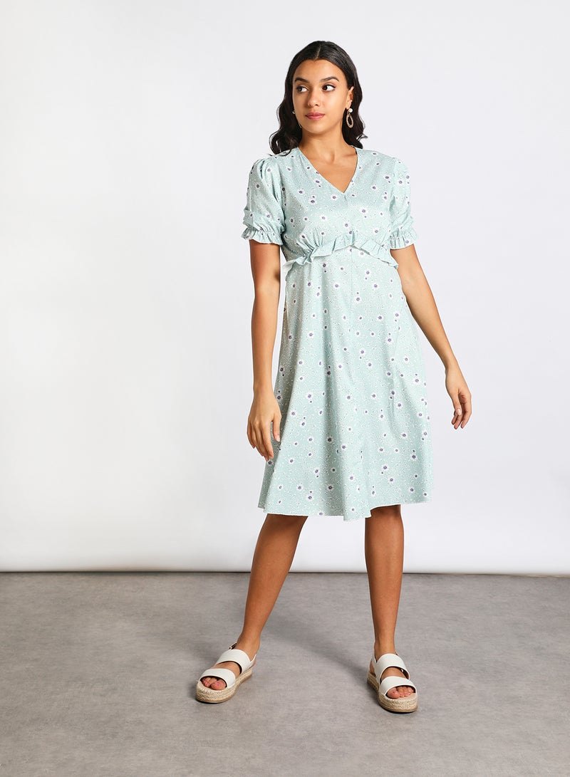 Aila Women's V-Neck Floral Print Short Sleeve Dress Green Floral Print  - Image 1