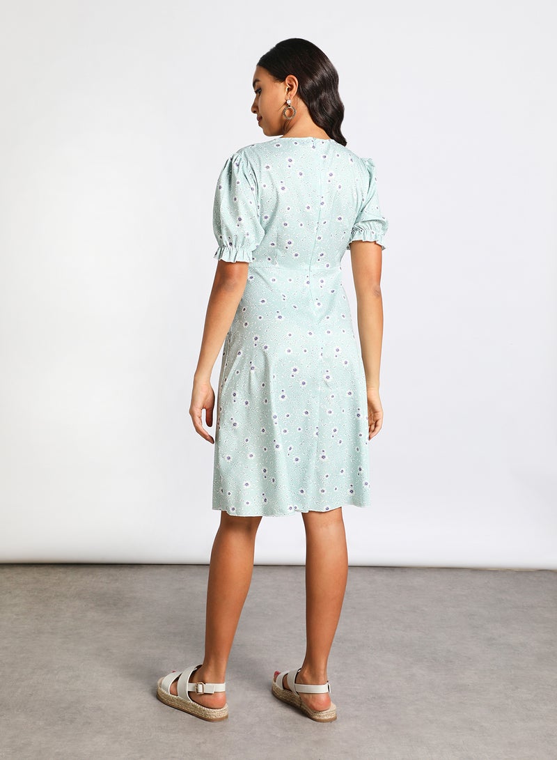 Aila Women's V-Neck Floral Print Short Sleeve Dress Green Floral Print  - Image 3