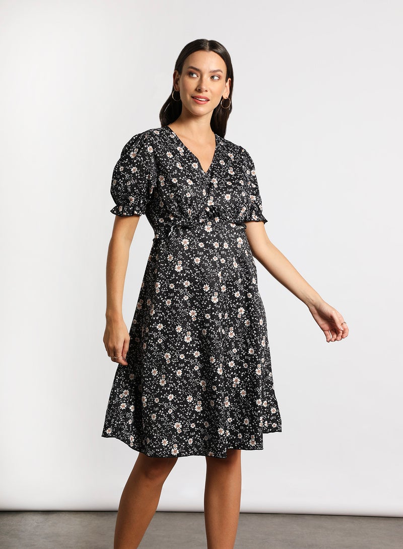 Aila - Women's Casual V-Neck Floral Print Short Sleeve Maxi Dress Black - Image 1