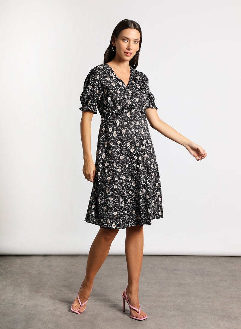Aila - Women's Casual V-Neck Floral Print Short Sleeve Maxi Dress Black - Image 1