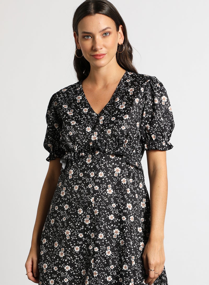 Aila - Women's Casual V-Neck Floral Print Short Sleeve Maxi Dress Black - Image 1