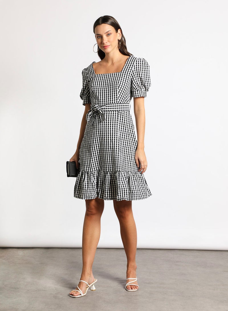 Aila Women's Casual Square Collar Check Design Short Sleeve Maxi Dress With Waist Belt 2-Blackcheck - Image 2