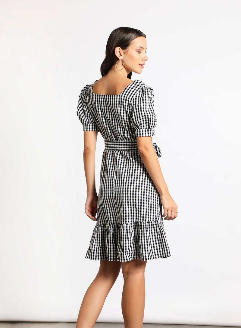 Aila Women's Casual Square Collar Check Design Short Sleeve Maxi Dress With Waist Belt 2-Blackcheck - Image 3