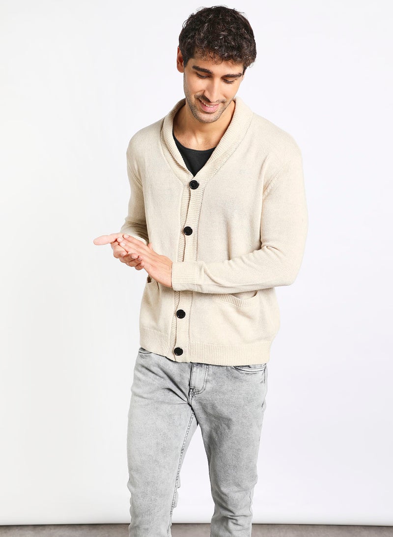 Noon East - Men's Knitted Solid Button Detailed Wide Collar Full Sleeves Cardigans For Winters Beige - Image 1