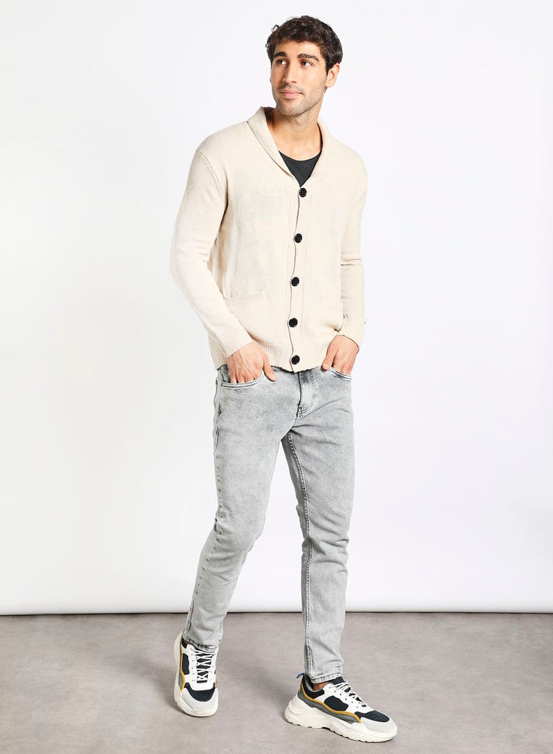 Men's Knitted Solid Button Detailed Wide Collar Full Sleeves Cardigans For Winters Beige - v1636606624/N49113738V_2