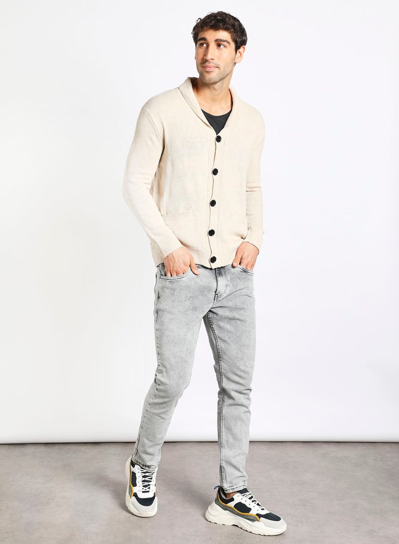 Noon East - Men's Knitted Solid Button Detailed Wide Collar Full Sleeves Cardigans For Winters Beige - Image 1