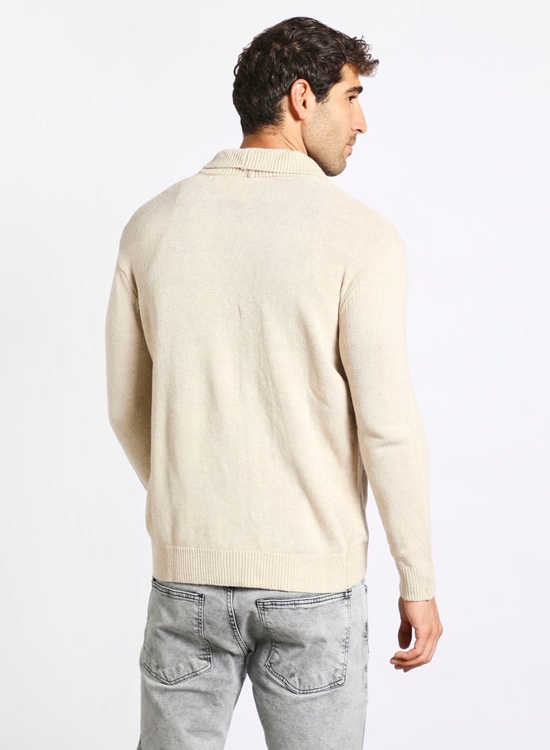 Noon East - Men's Knitted Solid Button Detailed Wide Collar Full Sleeves Cardigans For Winters Beige - Image 1