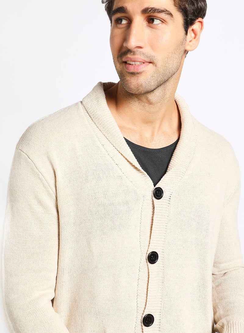 Noon East - Men's Knitted Solid Button Detailed Wide Collar Full Sleeves Cardigans For Winters Beige - Image 1