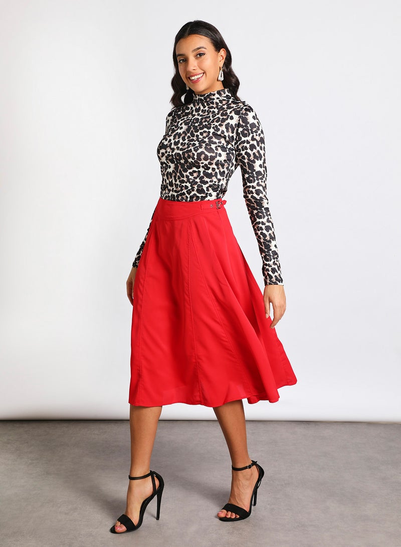 Aila - High Rise Wide Waistband Circle Skirt Red - Image 1