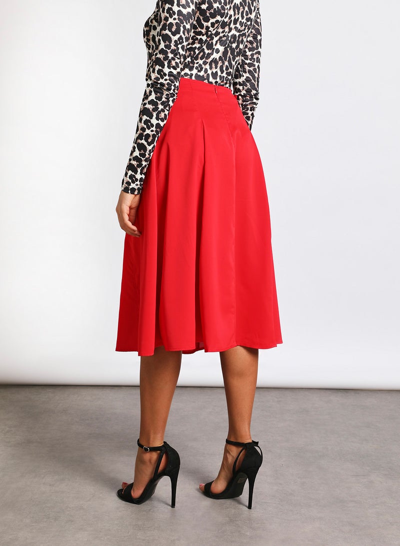 Aila - High Rise Wide Waistband Circle Skirt Red - Image 1