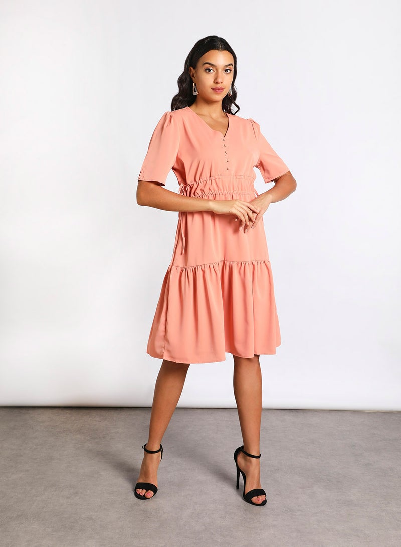 Aila - Women Casual Solid Design Short Sleeve Frill Dress Peach - Image 1
