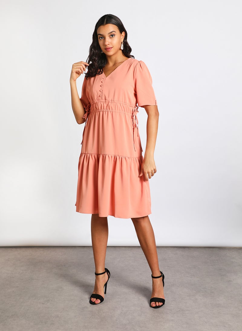 Aila - Women Casual Solid Design Short Sleeve Frill Dress Peach - Image 1