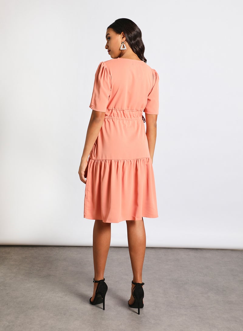 Aila - Women Casual Solid Design Short Sleeve Frill Dress Peach - Image 1