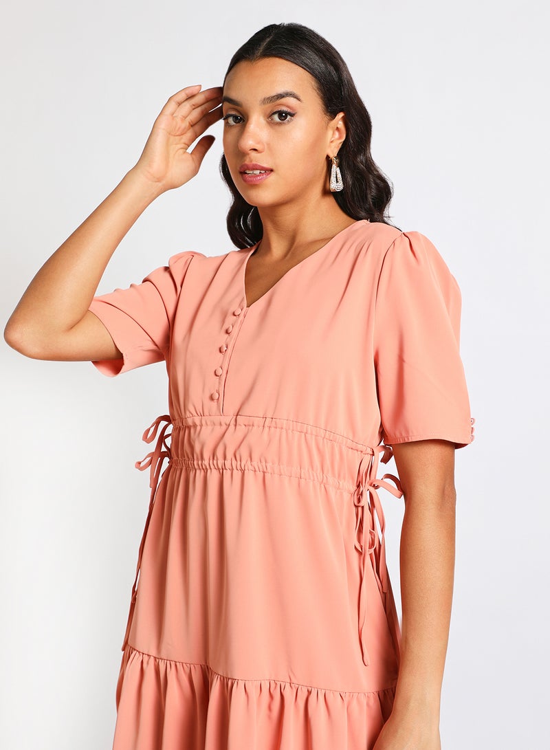 Aila - Women Casual Solid Design Short Sleeve Frill Dress Peach - Image 1