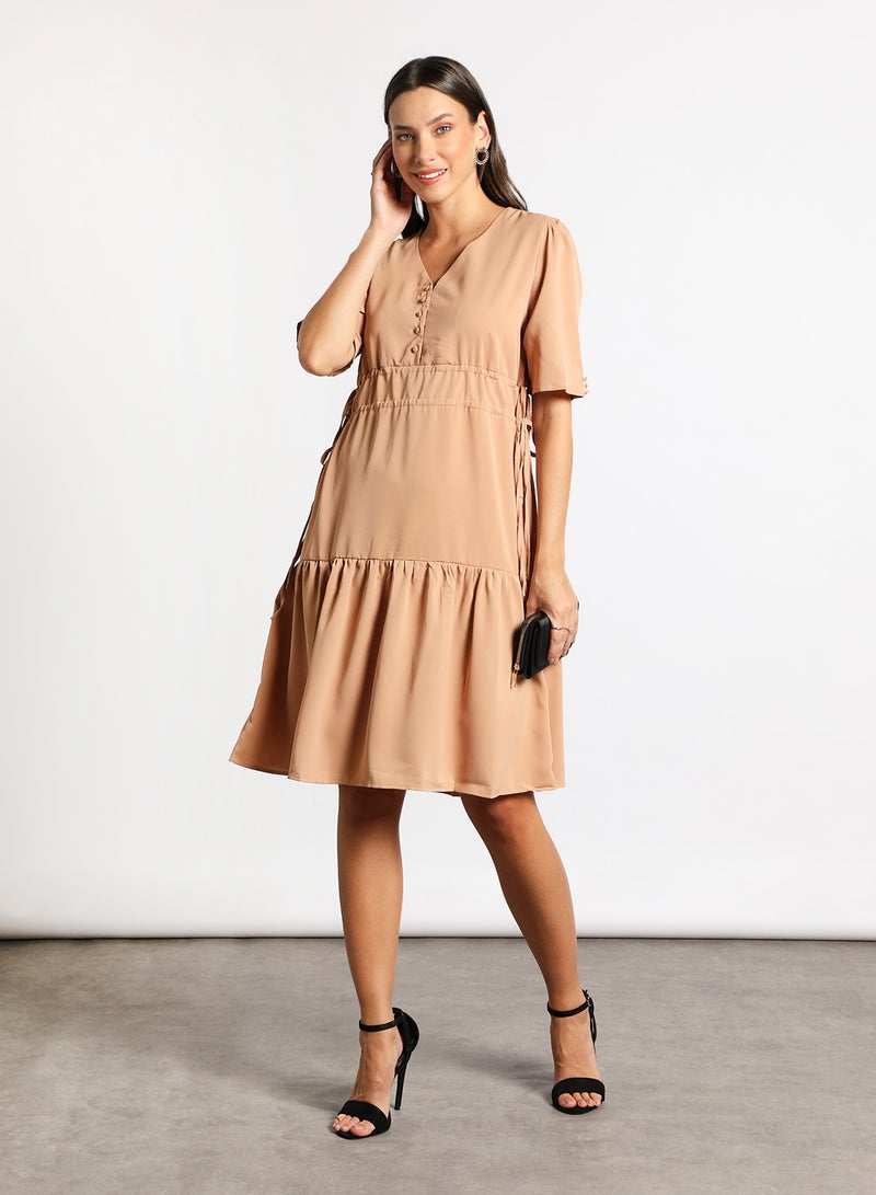 Aila - Women's Casual V-Neck Solid Design Short Sleeve Midi Dress Beige - Image 1