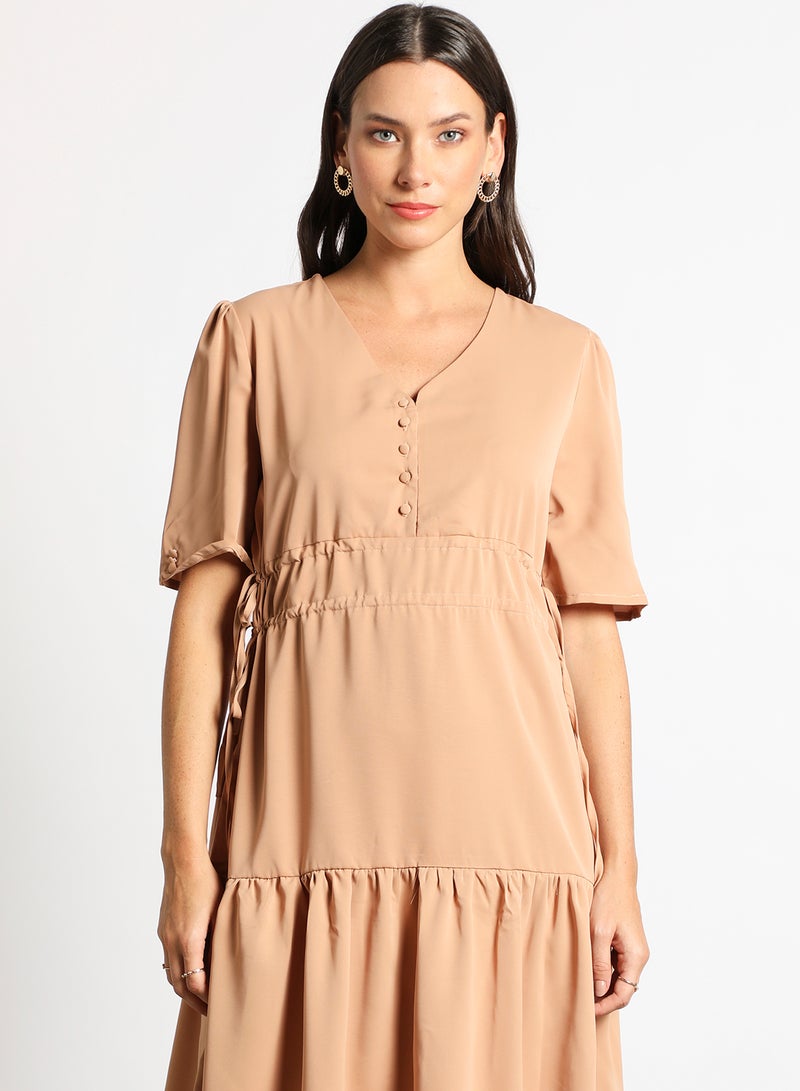 Aila - Women's Casual V-Neck Solid Design Short Sleeve Midi Dress Beige - Image 1