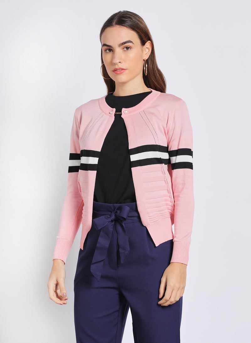 Aila - Special Button Detail Color Block Sweater Pink - Image 1