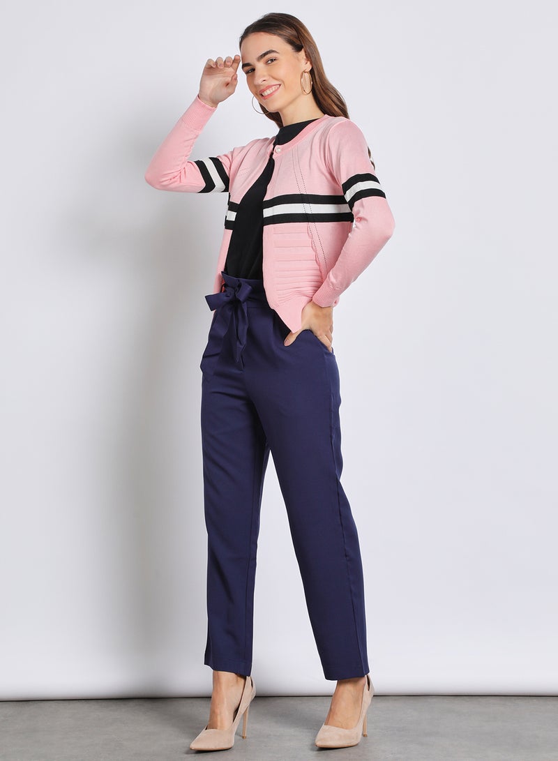 Aila - Special Button Detail Color Block Sweater Pink - Image 1