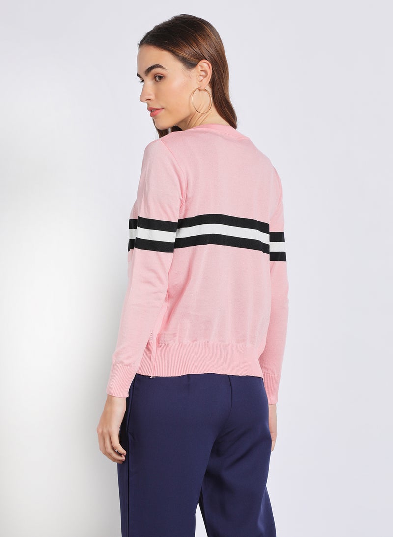 Aila - Special Button Detail Color Block Sweater Pink - Image 1