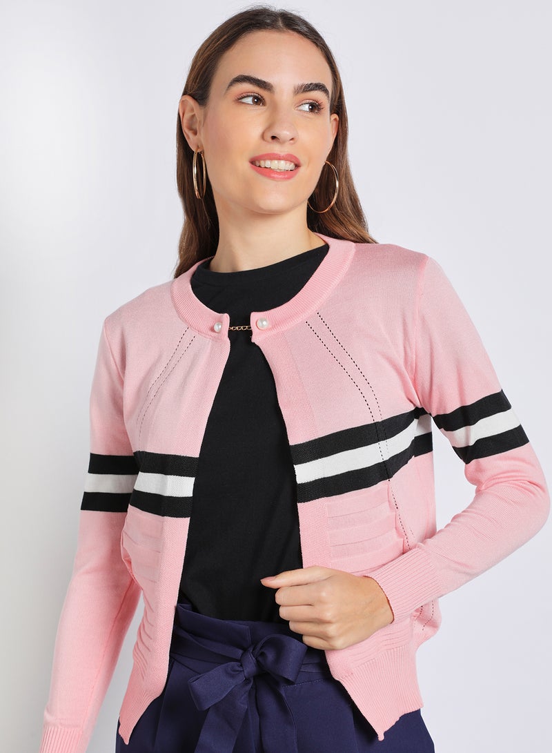Aila - Special Button Detail Color Block Sweater Pink - Image 1