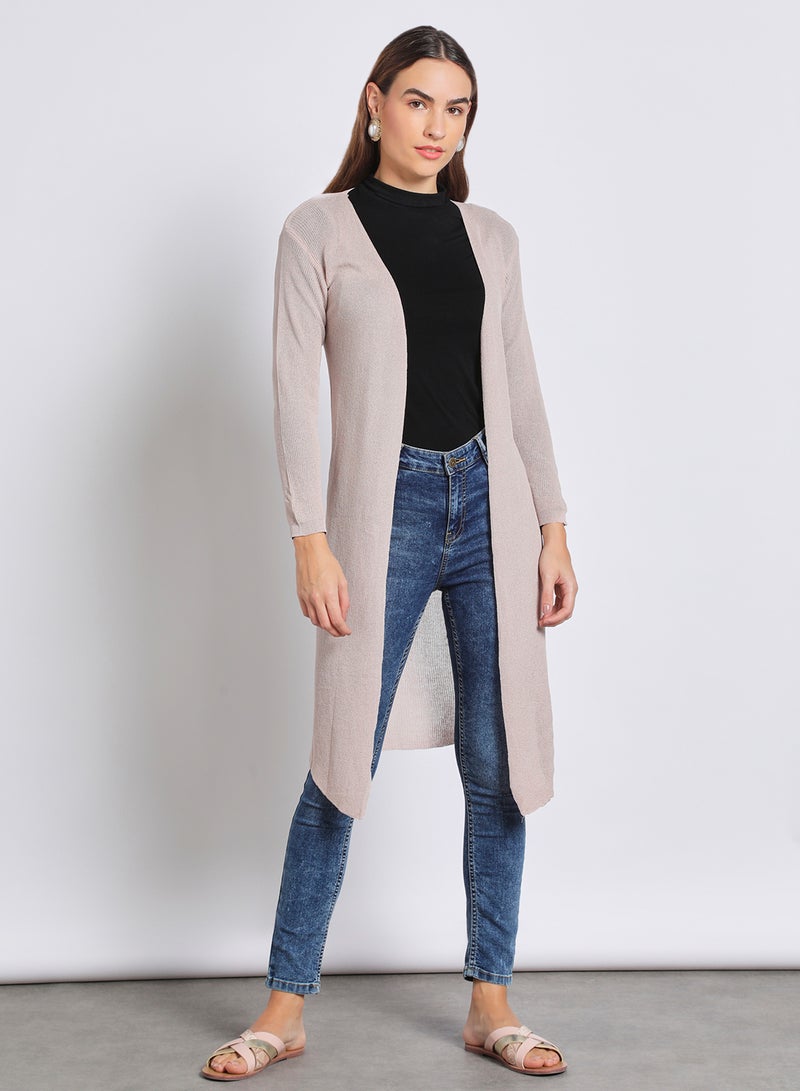 Aila - stylish long solid cardigan full sleeves front open Pink - Image 1